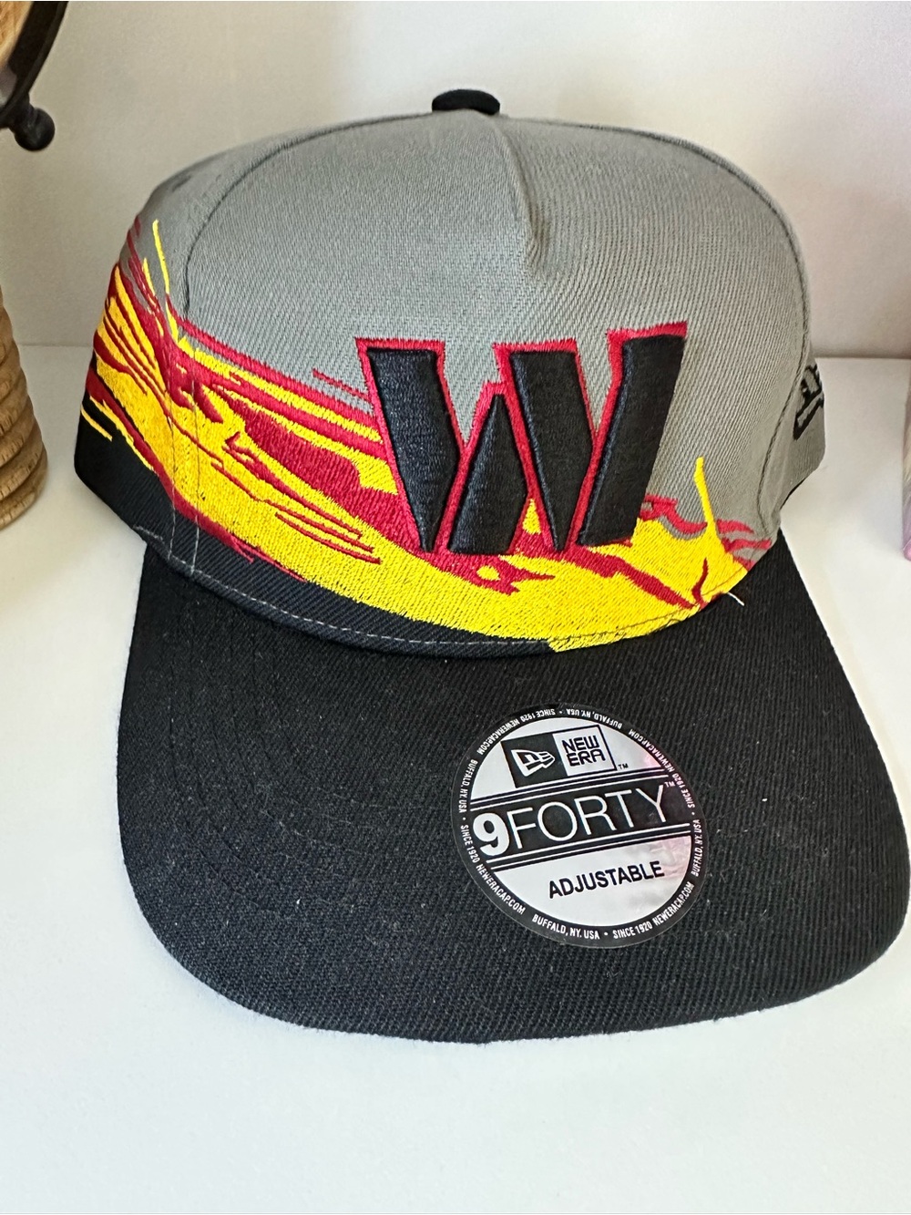 New Era Gray and Black 9FORTY Hat with Red and Yellow Flame 'W'